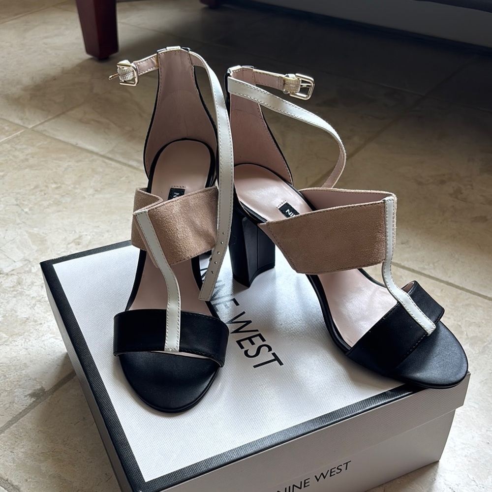 Nine West Nohea Black, White and Tan Leather and Suede Color Block Heels Size 8